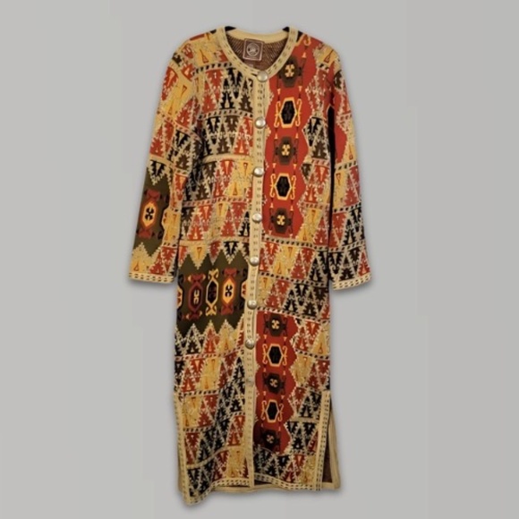 Double D Ranch Sweaters - Double D Ranch Tribal Sweater Coat Knit Long Pancho Yoakum Texas Multicolor Sz S